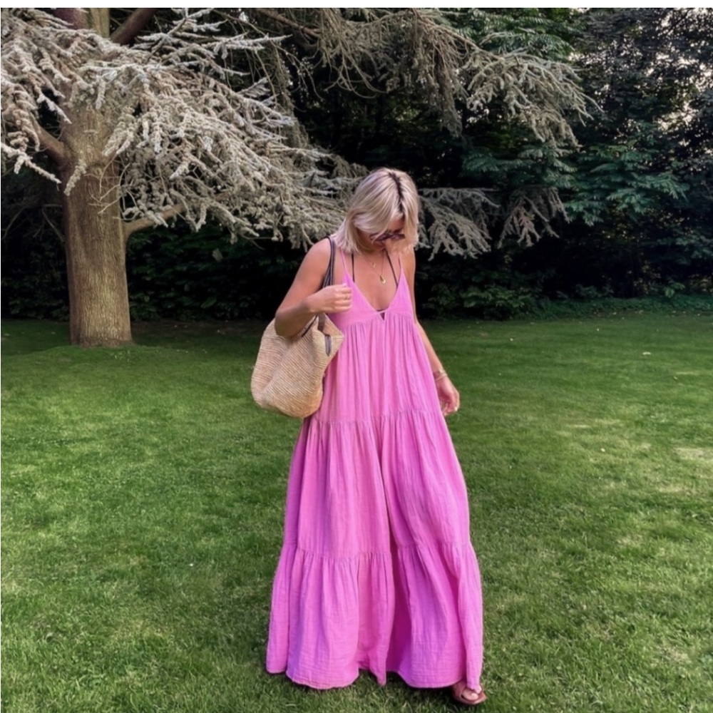 NWT ZARA cotton pink gauze tiered maxi dress S - Picture 6 of 7
